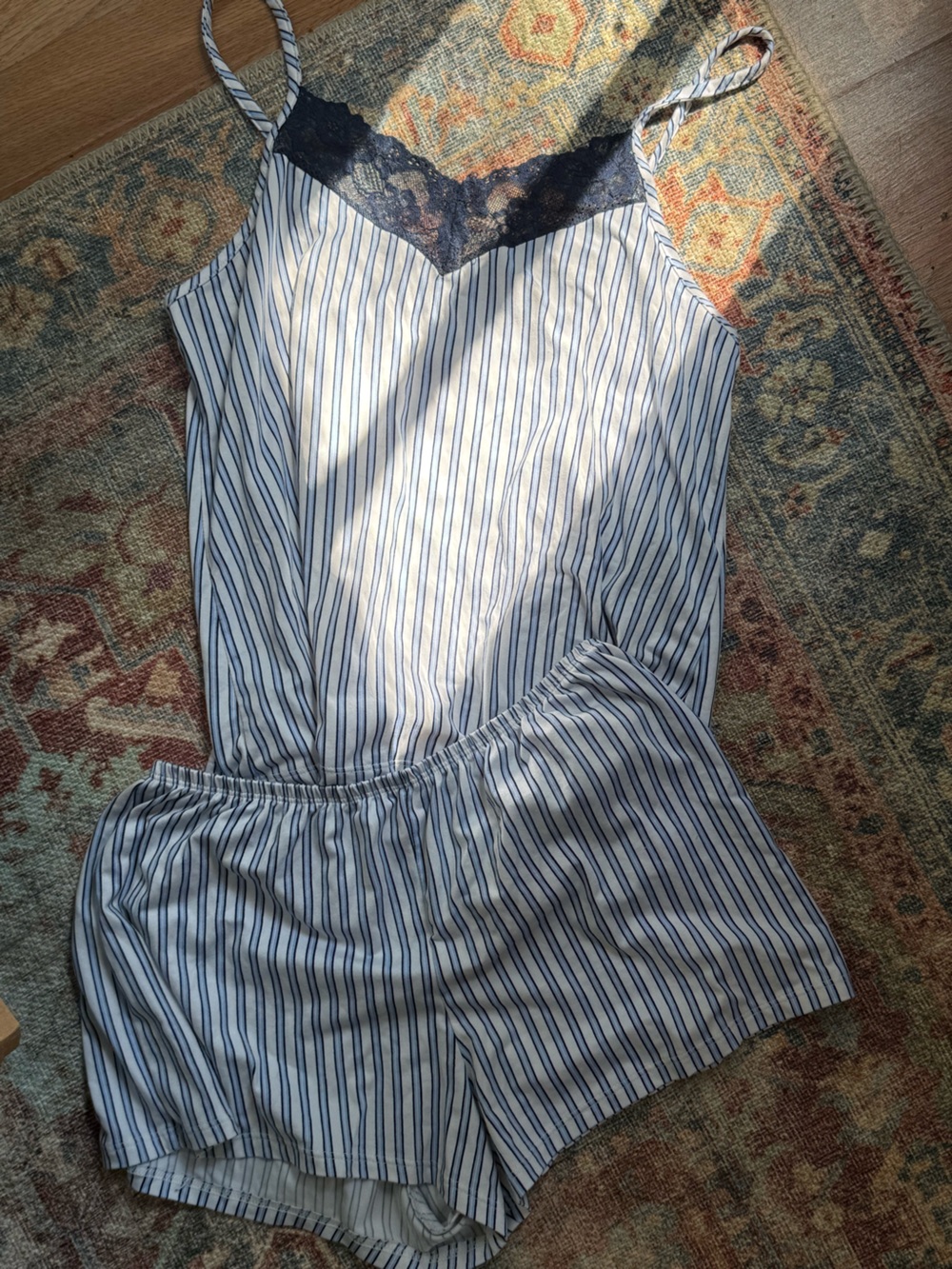 Striped Lace-Trim Cami & Short Sleep Set - Blue/White by